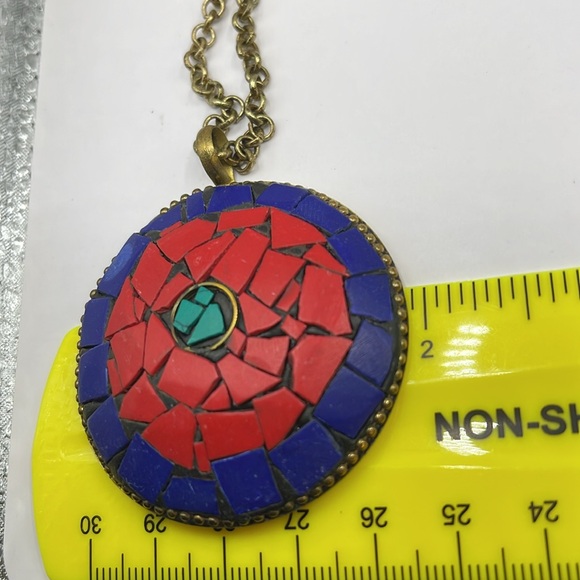 9/3 Todays show gift Big vintage mosaic brass red blue necklace pendant & more - Picture 8 of 14